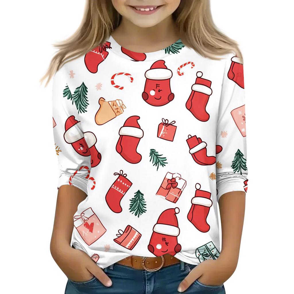 Christmas Day Print Tops For Youth Girls 5-16 Years Round Neck 3/4 Sleeves T-Shirts Trendy Tops Outfit Tees