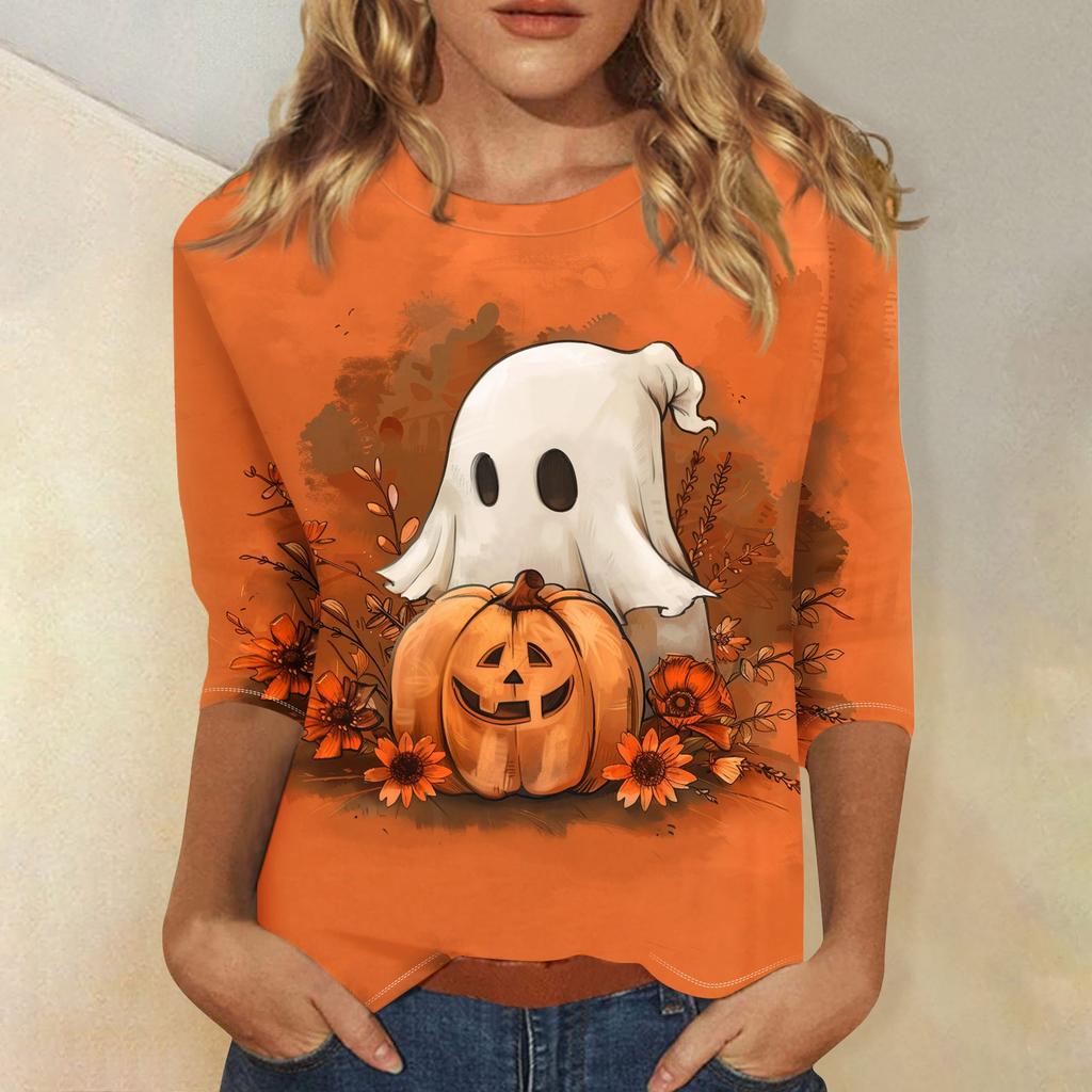 Women's Fashion Casual Three-quarter Sleeve Halloween Printed Round Neck Top