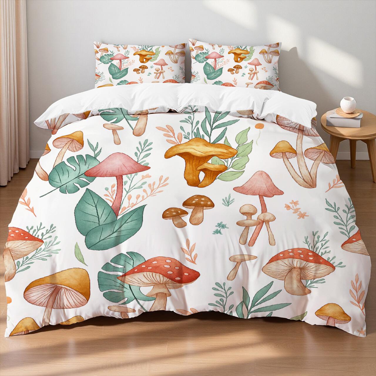 Monika Chen Unisex Mushroom Theme Bedding Set Colorful Mushrooms Leaves Butterflies Natural Style Queen Duvet Cover Sheet Pillowcases Home Textile