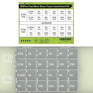 360 Stück Schnell durchbrennende Glas Sicherungen Sortiment-Kit 24 Werte Auto Sicherungen Sortiment-Kit 250V 0,5A-25A 5x20mm 6x30mm Glas Sicherungen