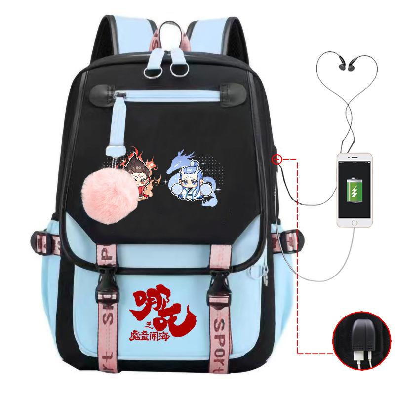 Cartoon Movie Nezha Printing Leisure Burden Reduction Travel Bag Backpack Multi-Function Large Capacity Usb Student Schoolbag
