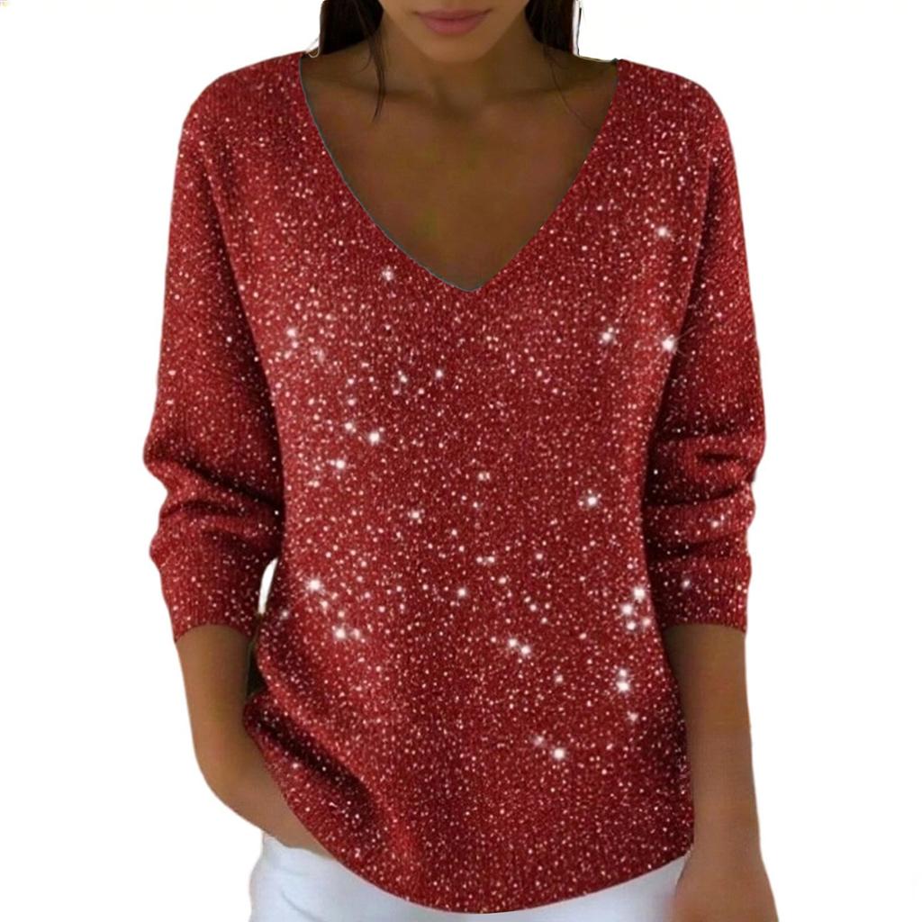 Women's Casual Daily Long-Sleeved V-Neck Faux Sweater Knitted Pullover Top With Sequins
