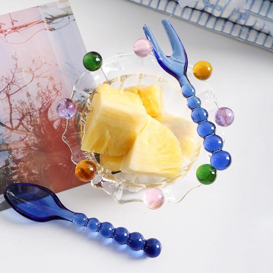 Handmade Vintage Glass Spoon Fork for Coffee Milk Long Handle Stirring Utensil Heat-Resistant Dishwasher Safe Colorful Artistic Tableware Unique