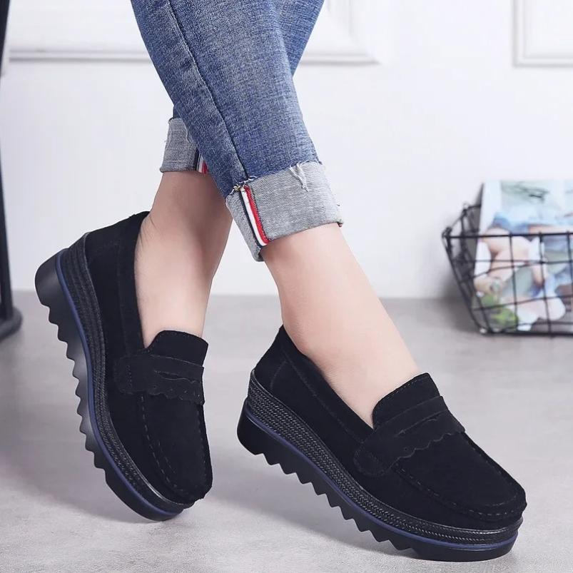 2026 Large size women's shoes suede leather loafers muffin sole thick sole increase casual women's single shoe cover foot