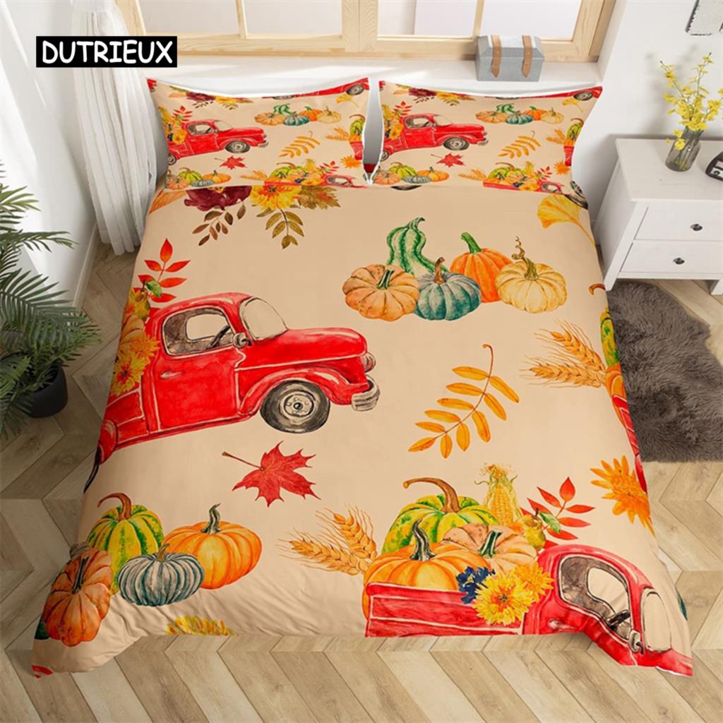 Turkey Maple Leaves Duvet Cover King Thanksgiving Pumpkin Bedding Set Microfiber Farmhouse Autumn Harvest Theme Comforter Cover