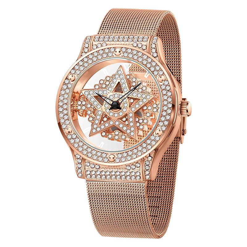 FOXBOX Women's Watches Fashionable Large Dial Pentagram Waterproof Watch For Girls Snowflake Rotating Hollow Women's Watch