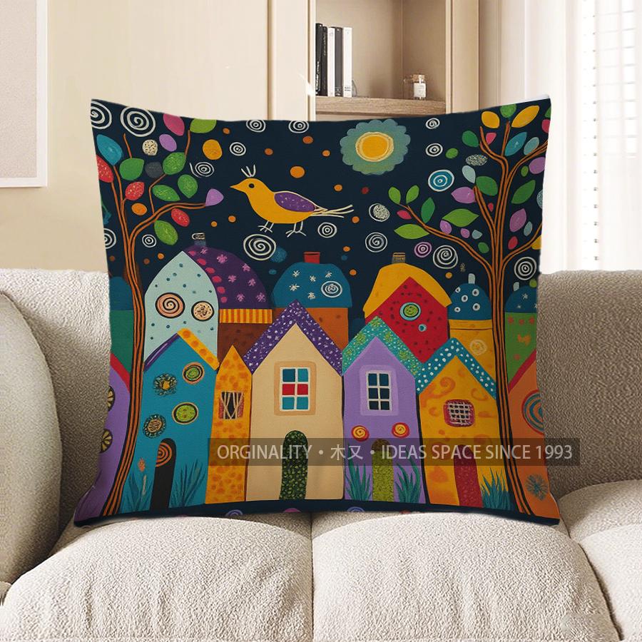 Home Decor Colorful Tree And Cityscape Patterned Pillow Pattern Cushion Cover Suitable For Sofa Bedroom Car Pillow Cover
