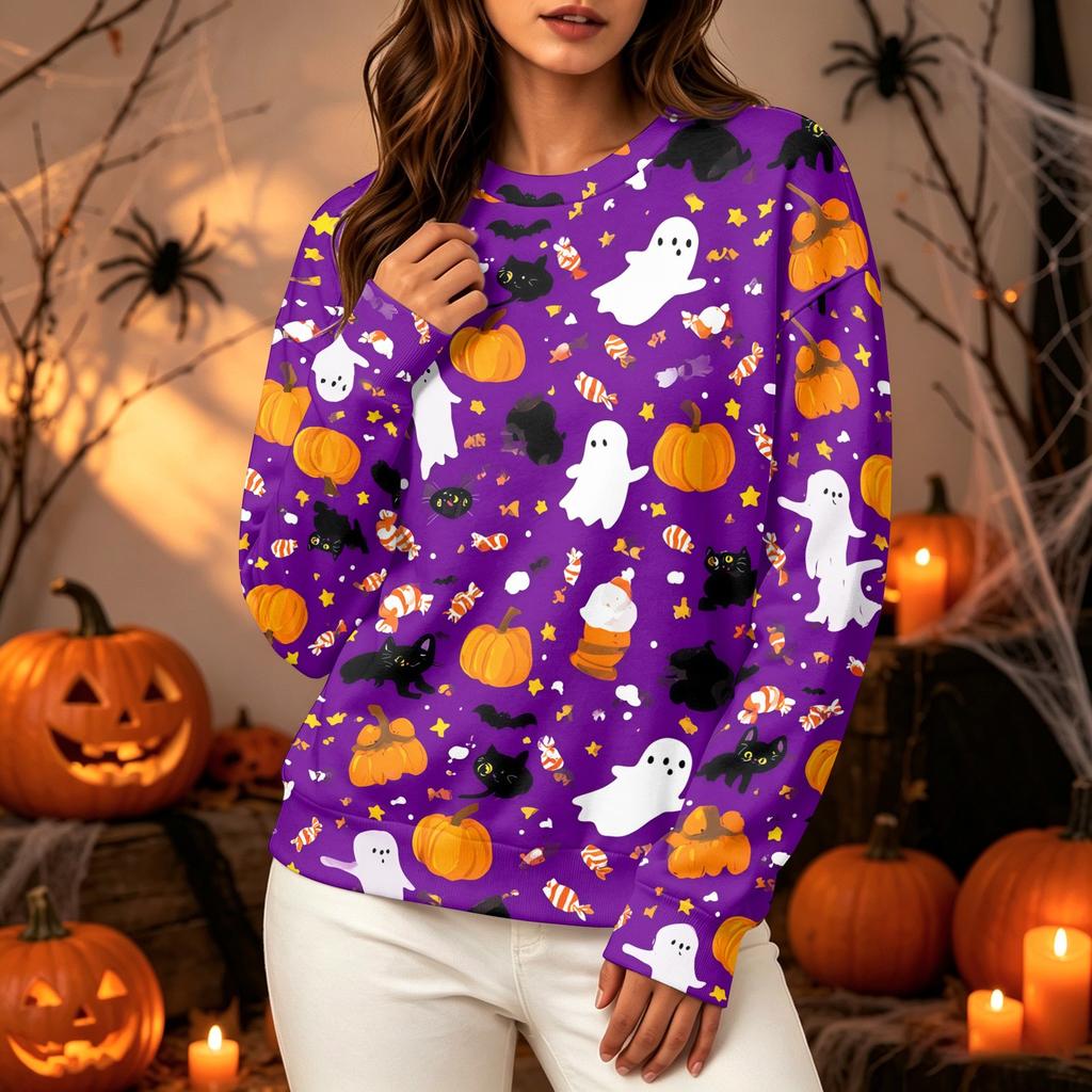 Women's Halloween Print Long Sleeve Neck Sweatshirt Top for Casual Wear