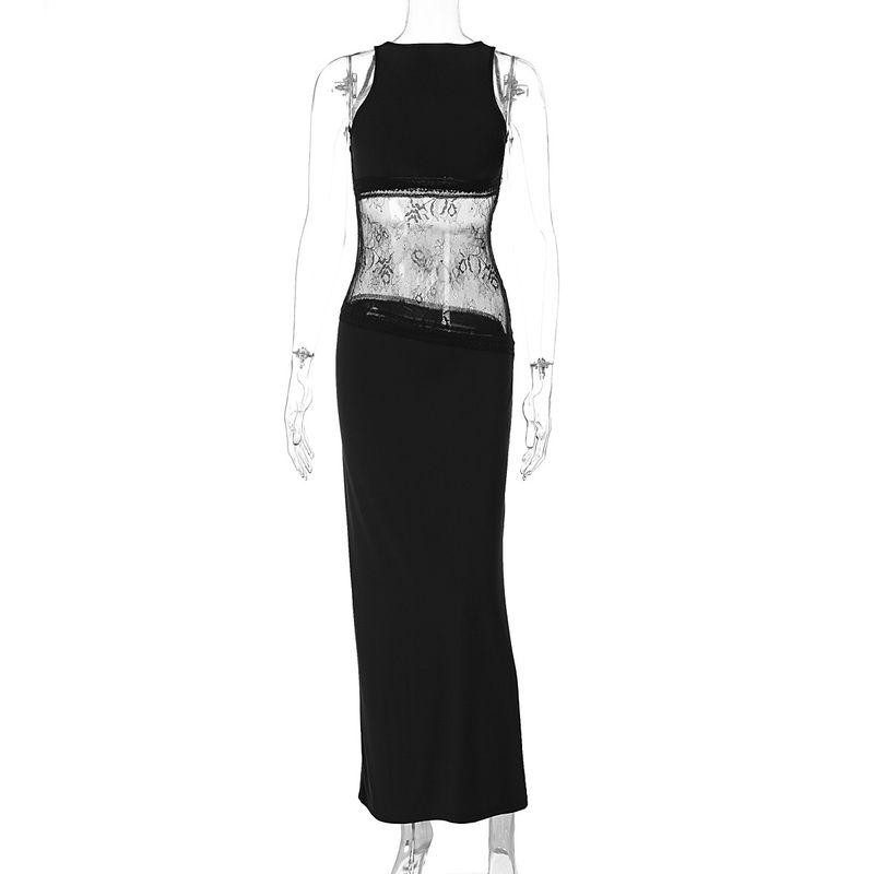 

Western Style Ins New Fashion Sexy Hollow out Backless Sleeveless Patchwork Lace Mid Waist Perspective Long Dress Black XS