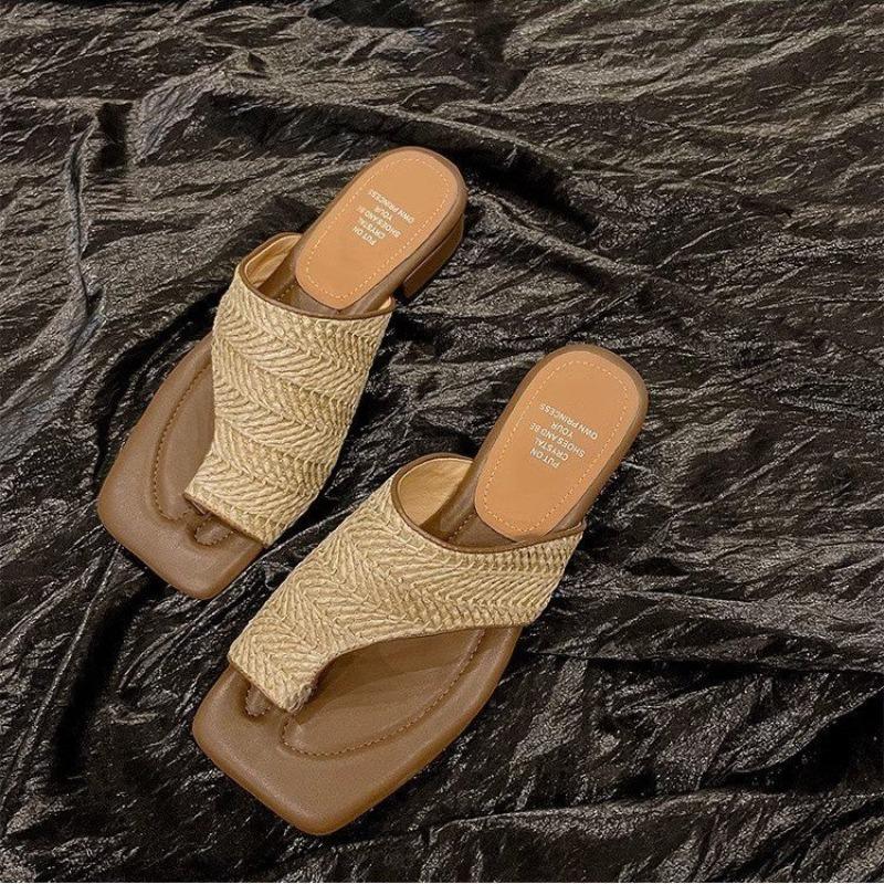Fashion Fashion Summer Vacation Sandals Soft Woven Toe Flip-Flops Concise Square Toe Thick Heel Slippers Breathable Casual Women's Shoes