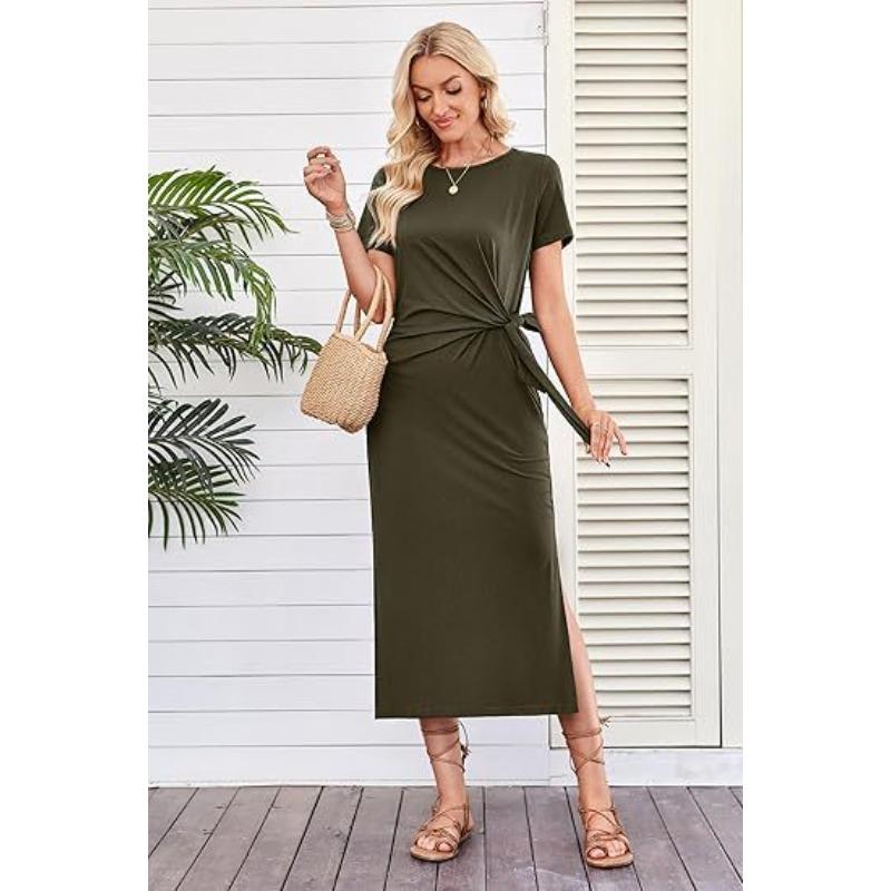 Women's Fashion Summer Spring Solid Color Print Sleeveless O-Neck High Waist Casual Dresses