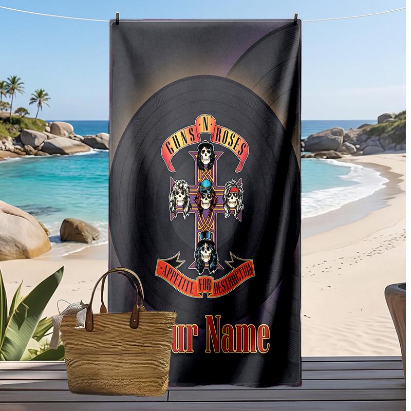 Asciugamano da Spiaggia Personalizzato Guns N’ Roses, Stampa il Tuo Nome Testo Asciugamano Leggero Assorbente per Nuoto Viaggio