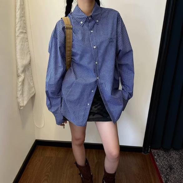 

Versatile Retro Blue Plaid Casual Men s Long Sleeve Shirt 2025 M синій