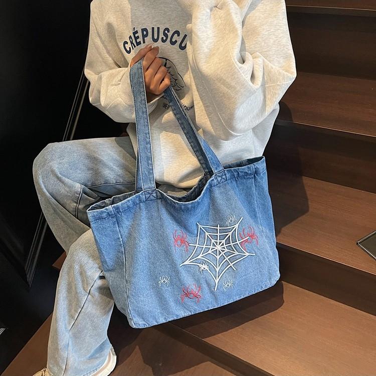 Vintage Gothic Anime Spider Web Printed Denim Bag Casual Commuter Large Capacity Shoulder Oblique Span Bag