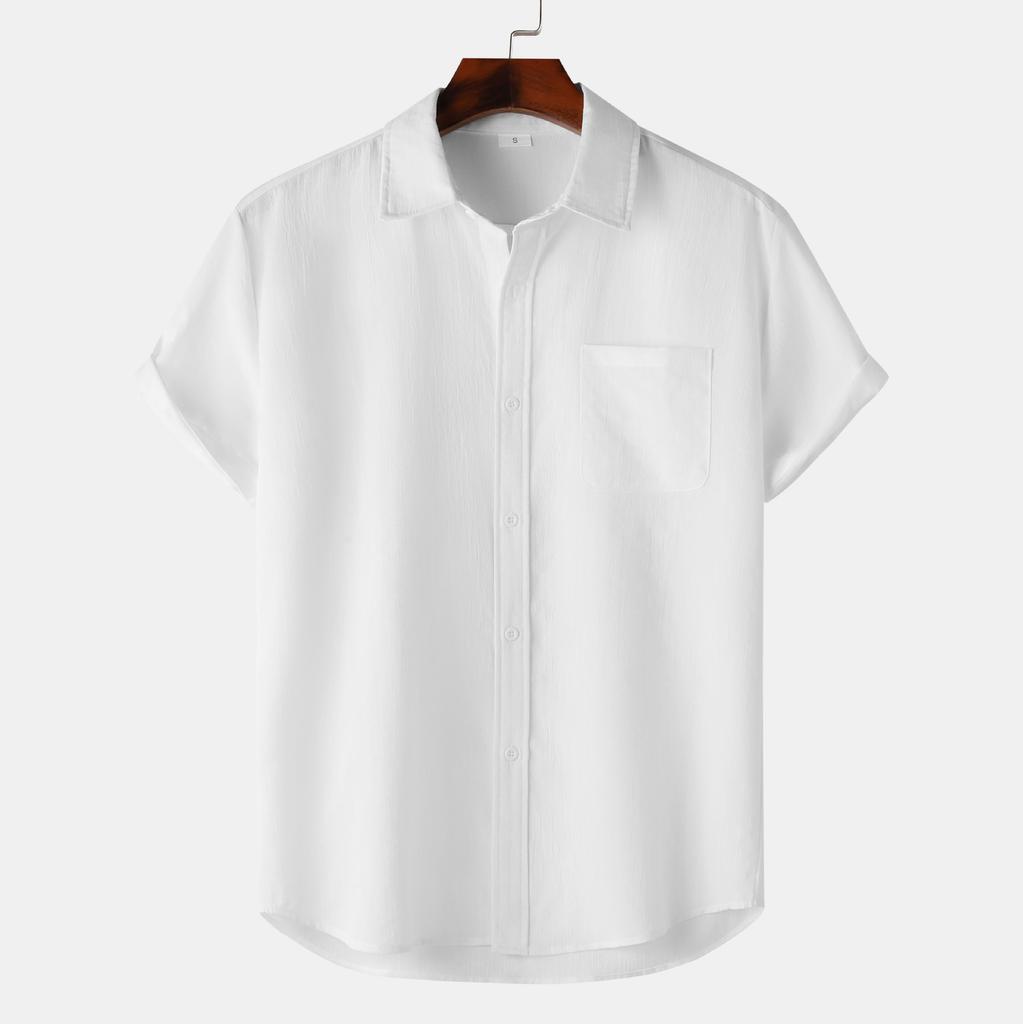 Summer Lapel Solid Color Short Sleeve Button Men's Linen Shirt Men's Clothing