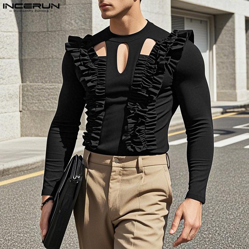 

INCERUN Men Long Sleeve Ruffled Hollow Casual Tops T-shirts S фиолетовый