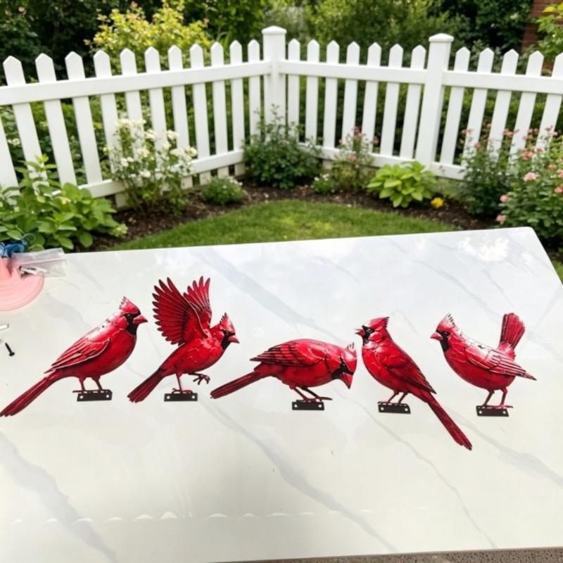 Outdoor Fence Bird Set Iron 5 Piece, Red Bird Figurines for Garden Railings, Flower Rows, Fence Lines and Yard Edges