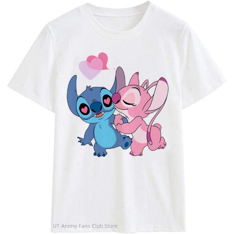 Summer Disney Stitch and Angel Couple Cotton Cartoon T Shirt Men Women Short Sleeve Boys Girls Tees Casual Loose Men Clothes