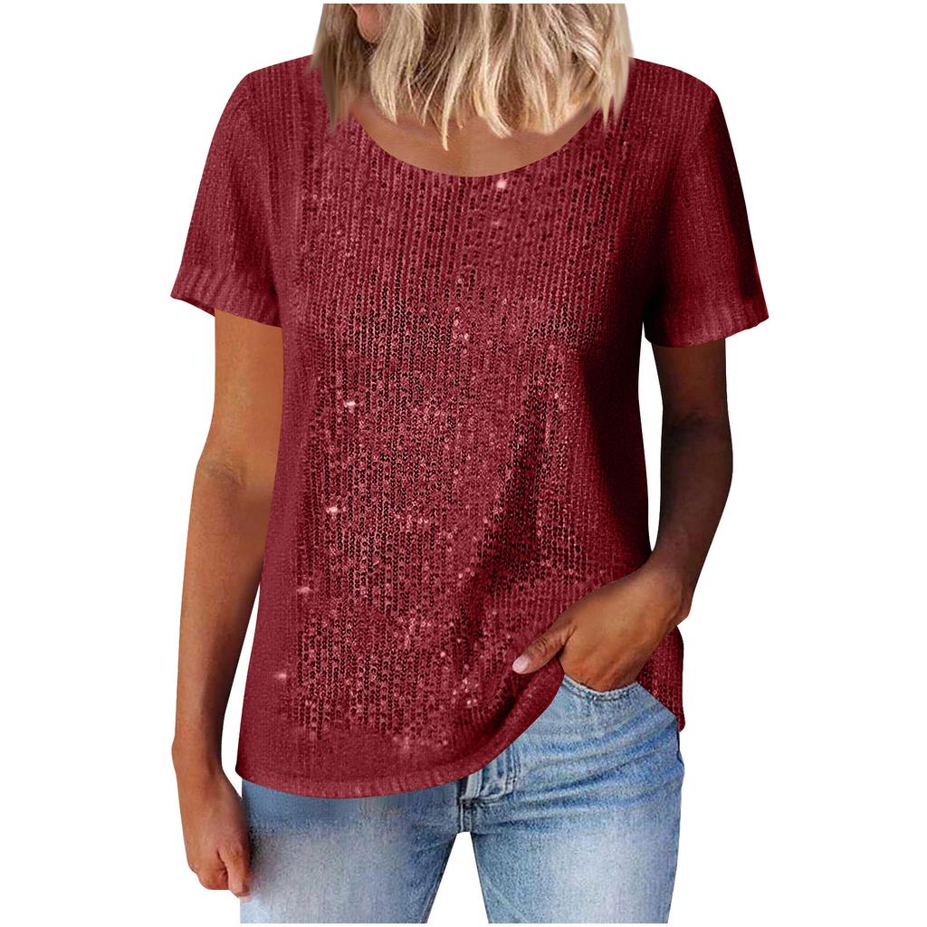 Women Multi Color Round Neck Short Sleeve Glitter Sparkle Casual Top