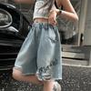 Sommer Teenie Mädchen Loch Jeansshorts Lässig Ausgefranster Rand Handgezeichnete Buchstaben Junior Mädchen Halbhosen Kinderkleidung