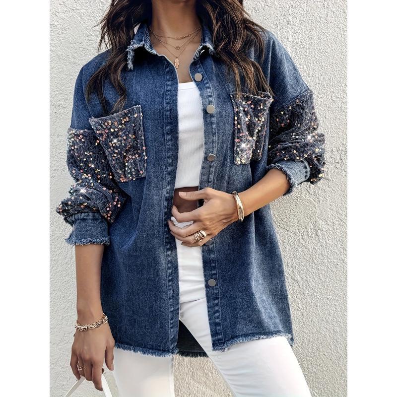 2025 Lapel Contrast Sequin Fringe Hem Denim Jacket