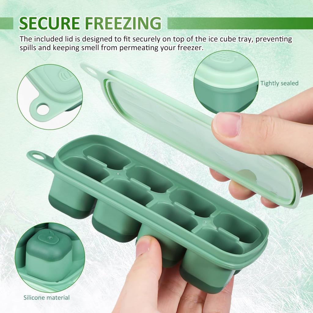 PRETYZOOM Silicone Ice Cube Tray with Lid, Easy Release Freezer Tray for Ice and Food Storage, 8-Cube Green Mold for Freezing Drinks, Juices, and