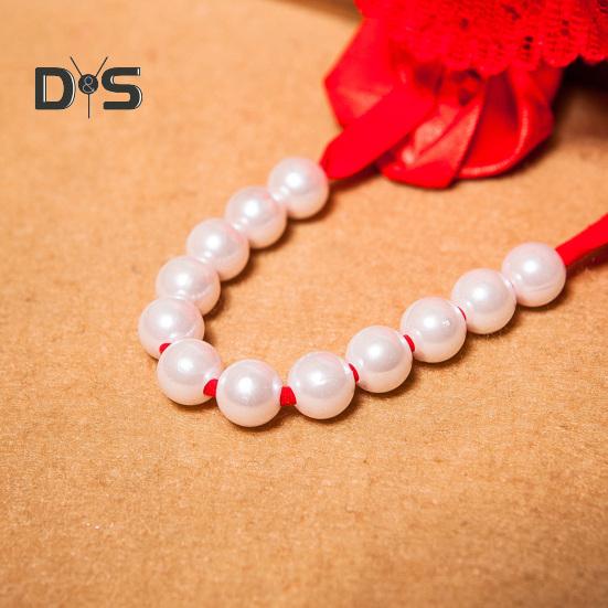 Women G String Thong Faux Pearl Decor Lace Fabric Rose Decor Pornographic Shirring Solid Color Honeymoon Wedding Night Lady Panties