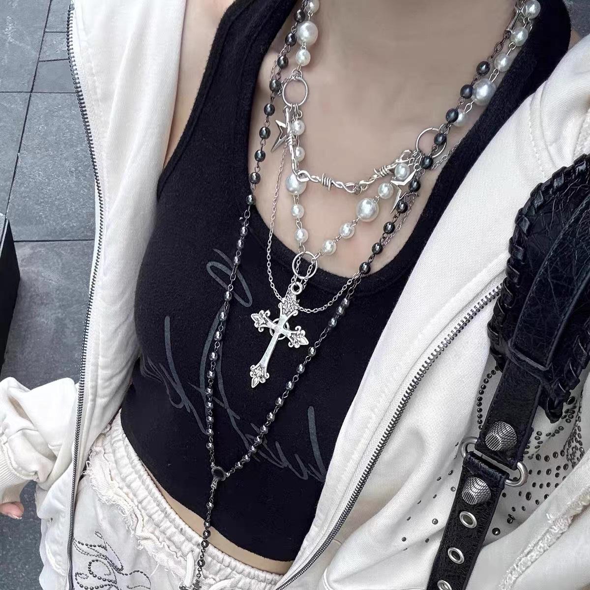 My Fine Jewelry Women's Retro Gothic Necklace Cross Punk Style Stacked Sweater Chain Halloween Accessories Imitation Pearl Necklace Holiday Gift