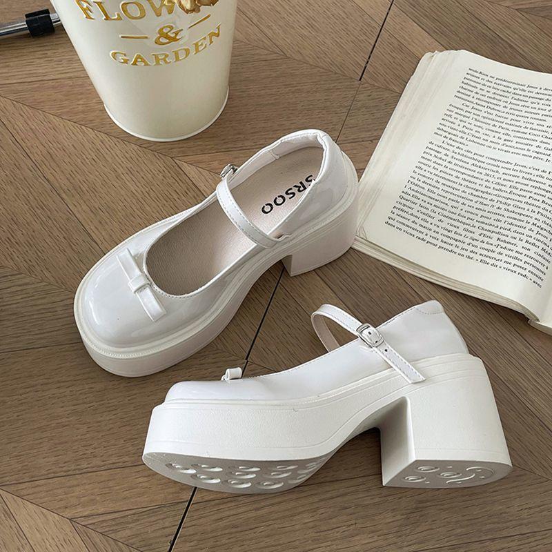 French Retro High-heeled British-style Small Leather Shoes, New Summer Bow Versatile Round Head Mary Jane Shoes for Women
