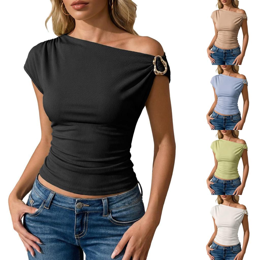 Womens Spring Tops One Shoulder Ruched Ribbed Tee Summer Shirts for Women Casual Slim Fit Pullover Womens Summer Shirts