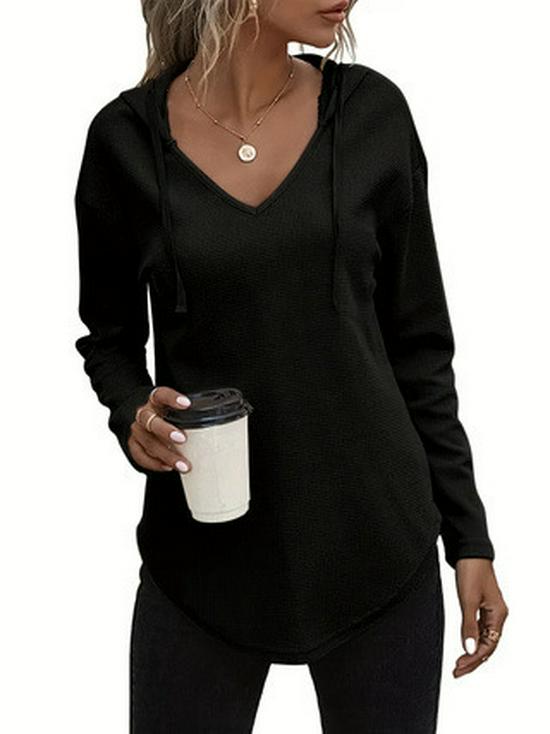 2025 Autumn Women s Plus Size V-Neck Hooded Drawstring Coat 5XL чёрный