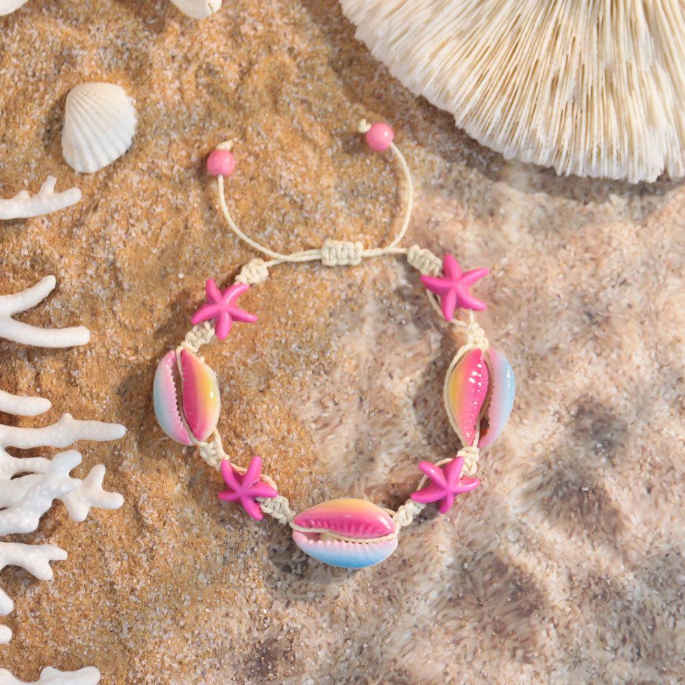 1011 Ocean Resort Wind Starfish Shell Bracelet, Daisy Rainbow Print Hand Rope Tide