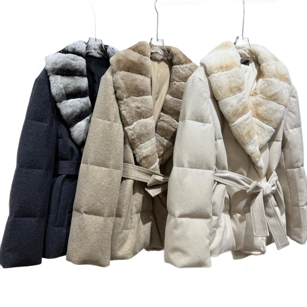 Chinchilla Pattern Color Rex Rabbit Fur Collar Down Jacket Medium and Long Women's Light Luxury High-end Goose Down Lace-up Warm Thickened Jacket