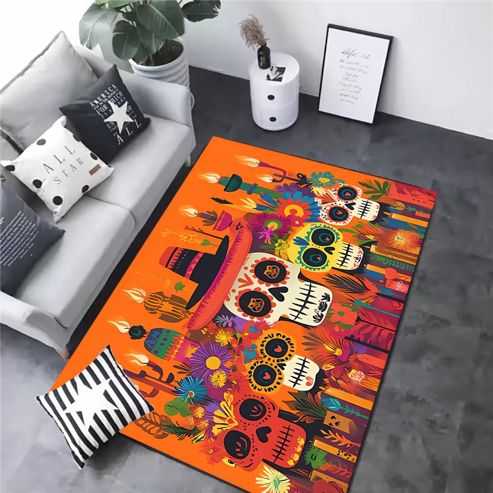 1pc Day of the Dead Inspired Rug – Colorful Skull Design, Festive Mat for Living Room, Entryway Decor Decoration Floor Mat