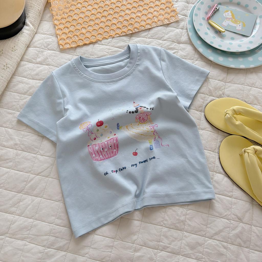 Girls Summer Cotton Short Sleeve T Shirt Cute Cartoon Print Pastel Sweet Top