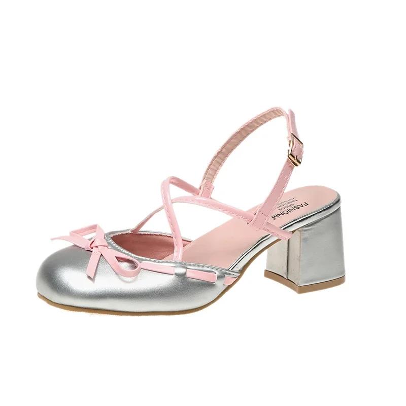 

Fashion Square Heel Buckle Strap Bow Tie Lolita Mary Janes Platform Shoes for Women Open Heel Closed Toe High Heels Zapatos De Mujer 35 серебряный