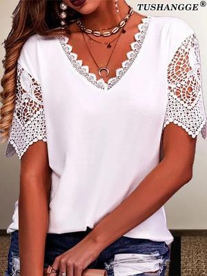 Women's Fashion Lace Patchwork Loose V-Neck Short Sleeve T-Shirt