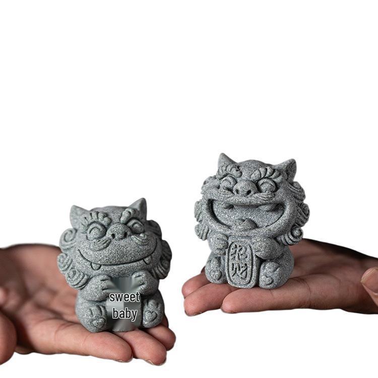 Chinese Stone Lion Pair Fengshiye Desktop Ornament & Bonsai Fish Tank Decoration