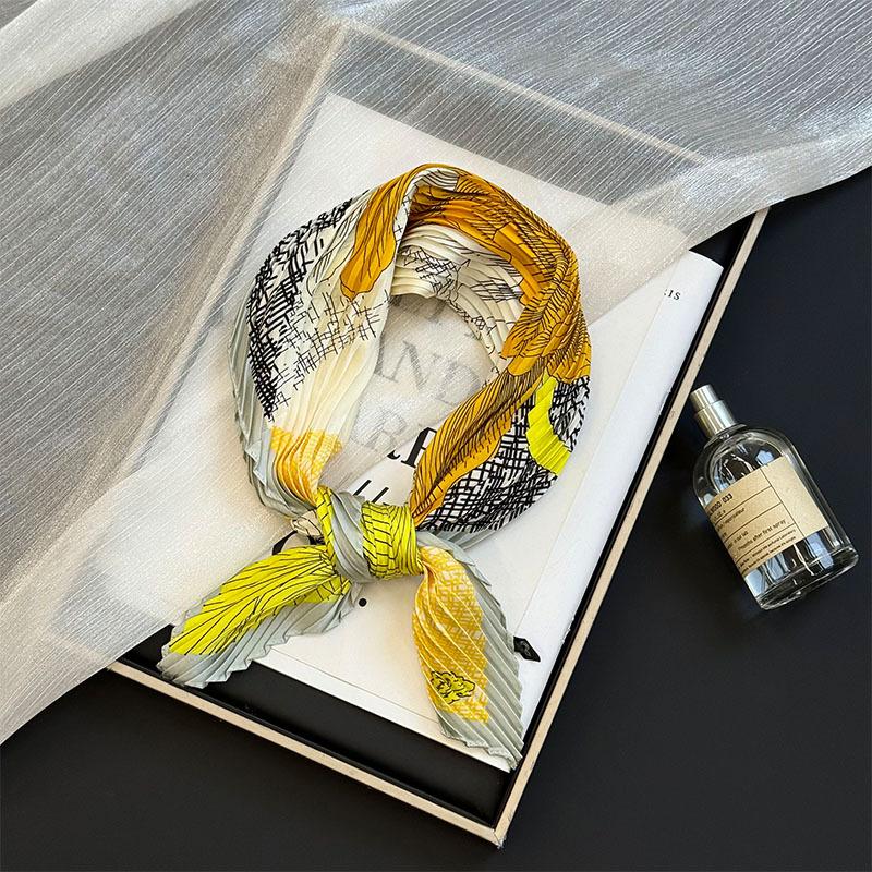 Wrinkled square scarf women's new imitation silk printing silk scarf high-end headscarf headband pleated small scarf shawl