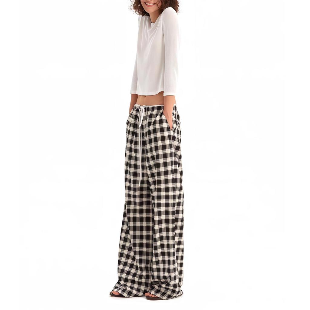 Plaid Casual Classic Loose Top and Wide-Leg Pants Set