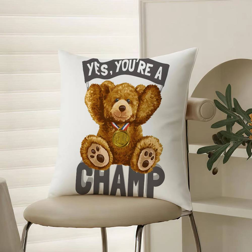 Childish-hearted And Friends Teddy Bear-B Pillow Case Comfort Sofa Bed Silky Elegant Invisible Zipper Decorative Cushion Cover