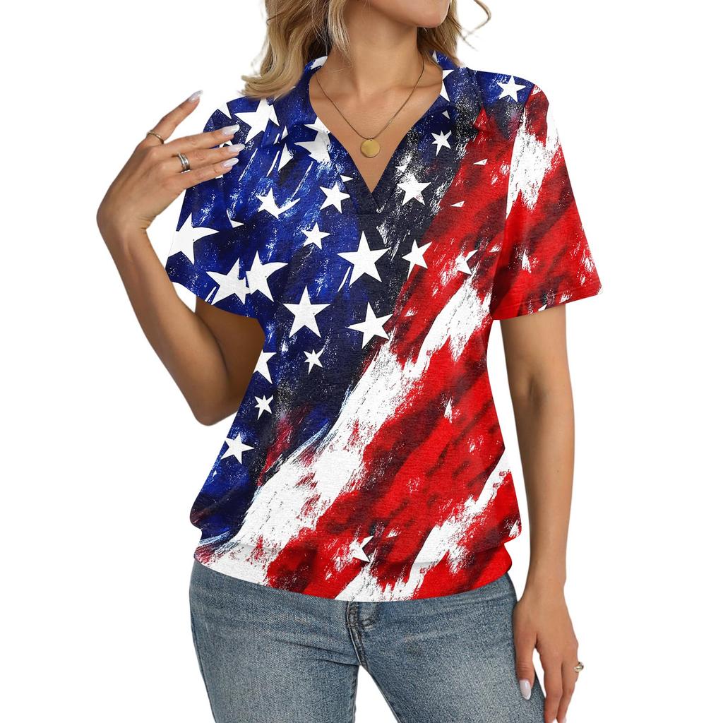 Women's Casual Short Sleeve V Neck Top with Independence Day Print Relaxed Fit Lightweight Blouse for Everyday Wear