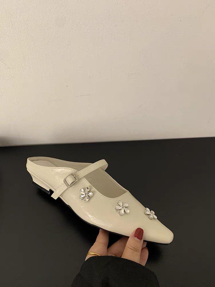 French rhinestone Mary Jane half slippers thick heel women's shoes spring and summer new silver bag head cool slippers Korean version single shoes
