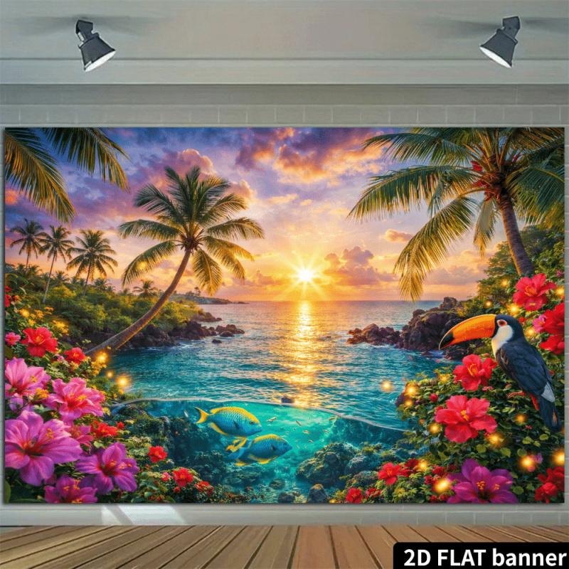 1pc 2D flat beach sunset party backdrop with a stunning sunset sky made of polyester lightweight and easy to store. (wsj)