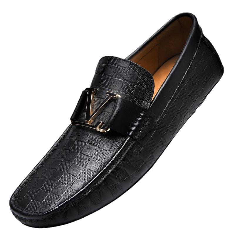 Embossed Plaid Leather Casual Shoes Doudou Shoes Trendy Round Head Versatile Men's Shoes Lazy Driving Shoes