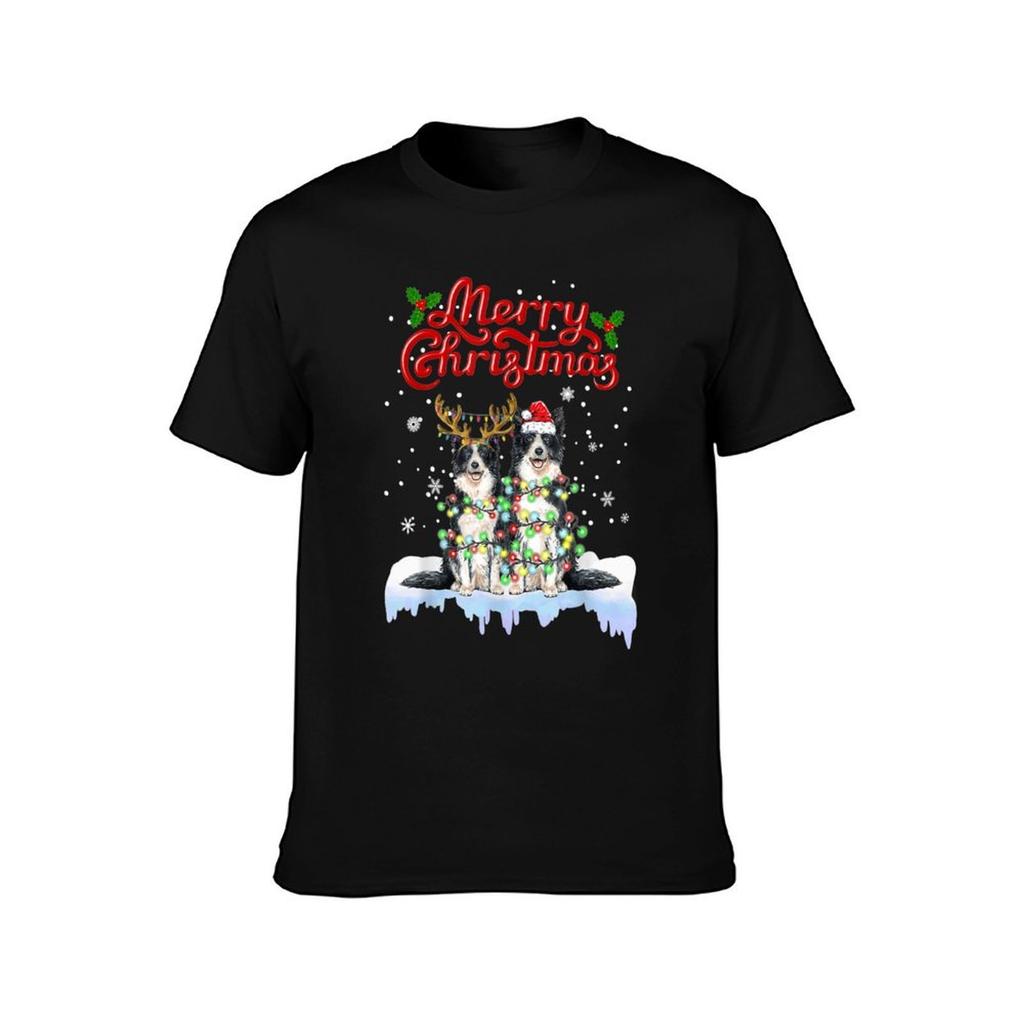 Border Collie Christmas Lights Funny Dog Matching Family T-Shirt T Shirt Man Designer Man T Shirts Cotton T-Shirt