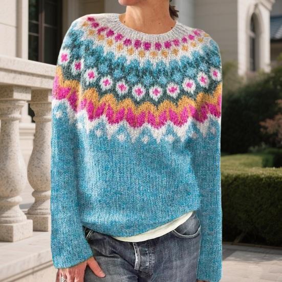 Women Sweater Round Neck Long Sleeve Patchwork Color Knitting Tops Loose Hem Printed Knitwear Winter Wear