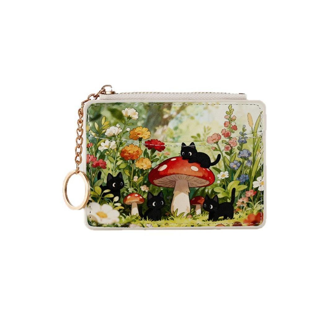 

Wear-resistant Card Holder PU Leather with Keychain Zipper Coin Purse Cat Print with Smooth Zipper Cosure Multi-Card Slot Wallet бежевый