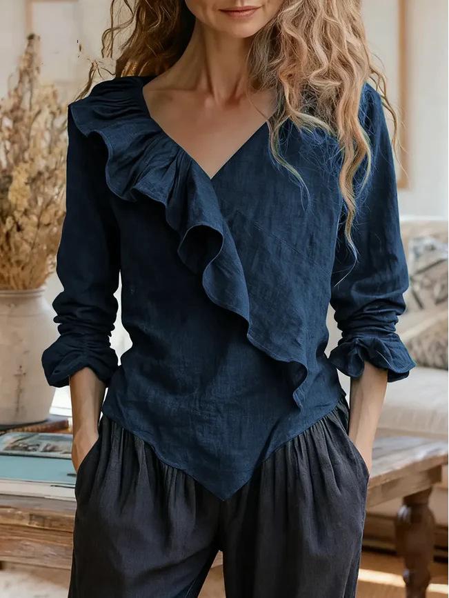 Women's Solid Color V-Neck Long Sleeve Casual Ruffle Cotton Linen Top 2026