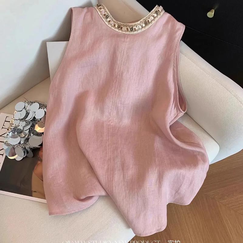 Women Pink Sleeveless Two-Piece Set Pearl Trim Blouse And Pants For Daily Wear